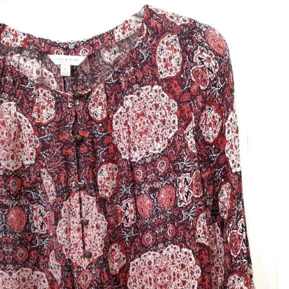 Lucky Brand Peasant Blouse Red Geometric Boho 70s Influenced Retro Button XS - Picture 7 of 8